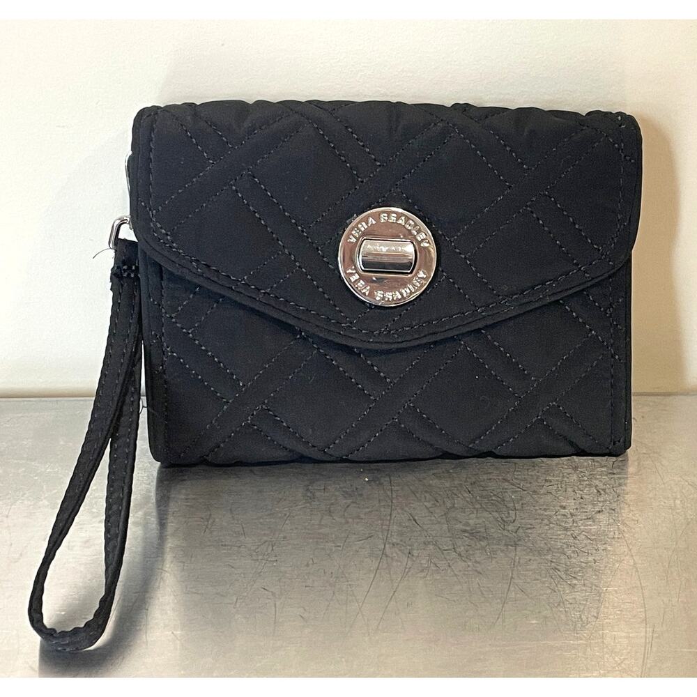 Vera Bradley Turn Lock Black Quilted Wristlet Wallet Multi Colored Liner